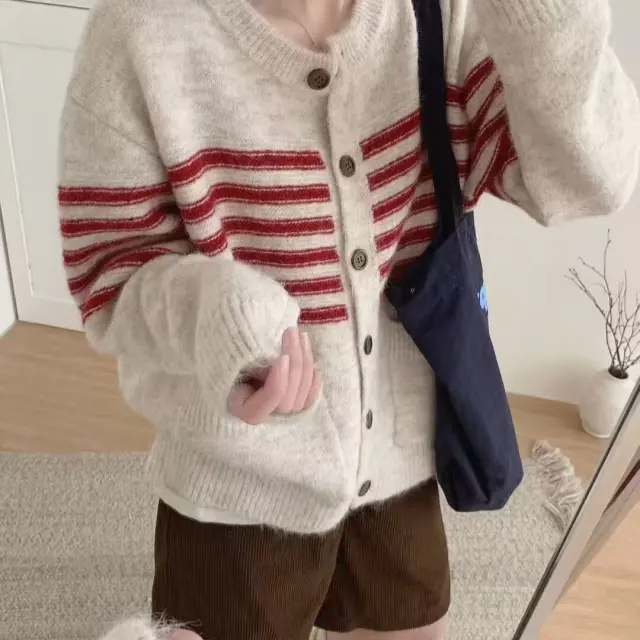 Vintage Stripe Versatile Knitted Cardigan Korean Style Red - Shop at LoveMi