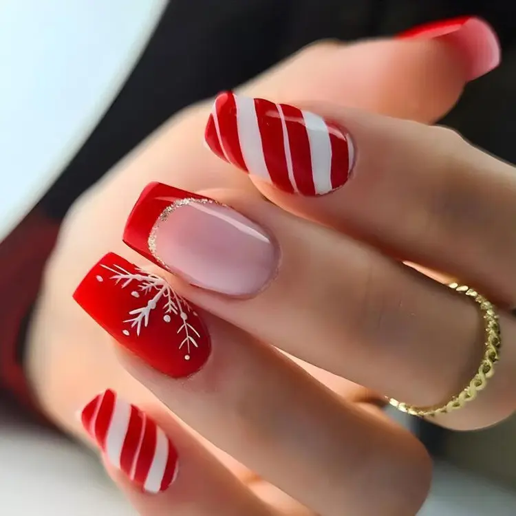 Christmas Snowflake Stripes Fake Nail Patch Suit