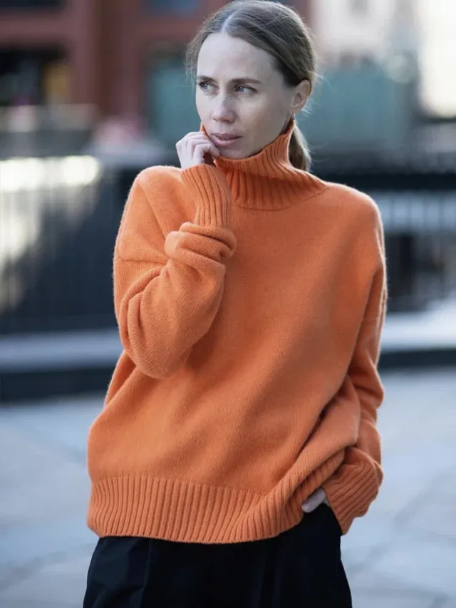 Women's Multi color Turtleneck Solid Color Sweater Loose Pullover Stand Collar Orange - Shop at LoveMi