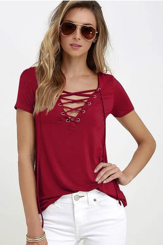Women's Fashion Casual Solid Color Short sleeved Tops Wine - Shop at LoveMi