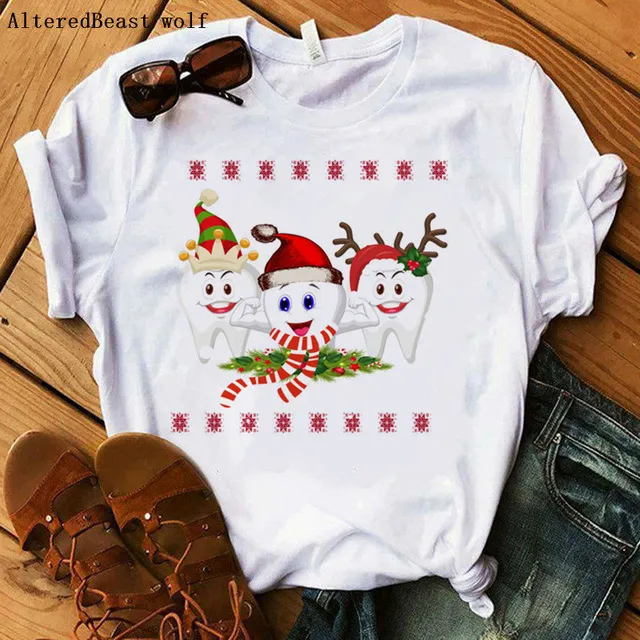 Christmas Dental Squad Funny Short Sleeve T shirt Women Print Round Neck Casual Top 17303Style - Shop at LoveMi