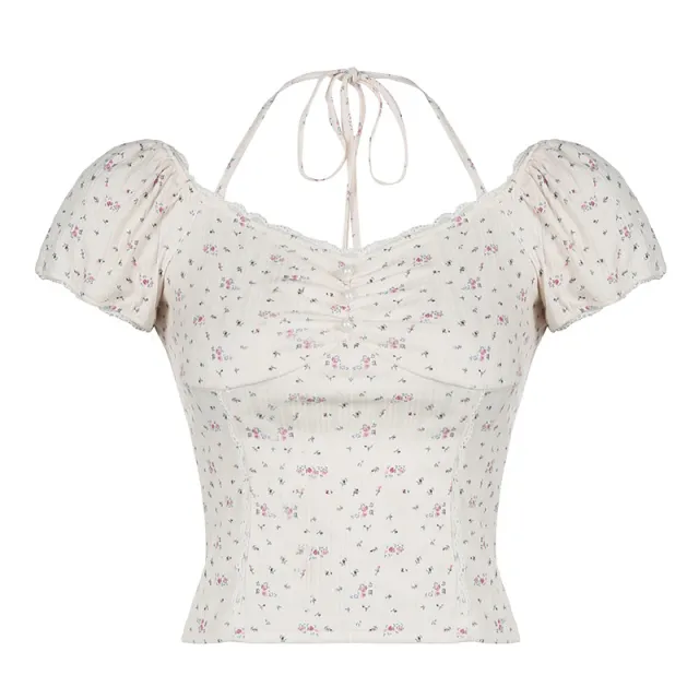 Pleated Halter Puff Sleeve T shirt Color - Shop at LoveMi