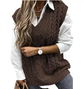 Sweater Vest Women's Vest V neck Sleeveless Brown - Shop at LoveMi