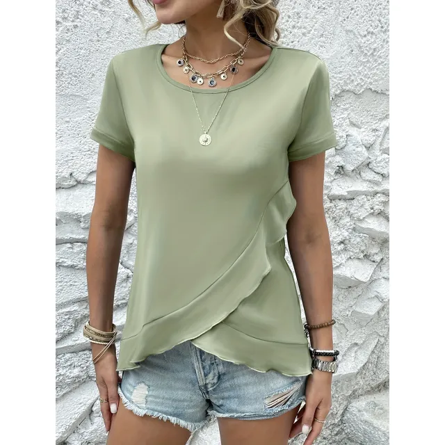 Women's Summer New Slim Fit Slimming Flounce Short Sleeve T shirt Top Matcha L - Shop at LoveMi