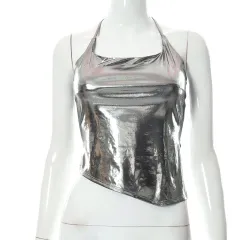Halter Lace-up Backless Irregular Vest T-shirt Top For Women - Silver - View 1