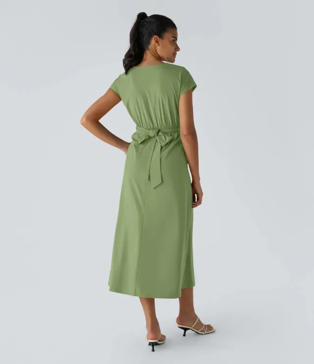 Solid Color Overlapping V neck Short Sleeve Side Pocket Lace up Quick drying Mid length Casual Dress Green - Shop at LoveMi
