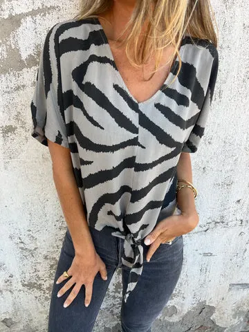 Women's V neck Print Lace up Zebra Pattern Gray - Shop at LoveMi
