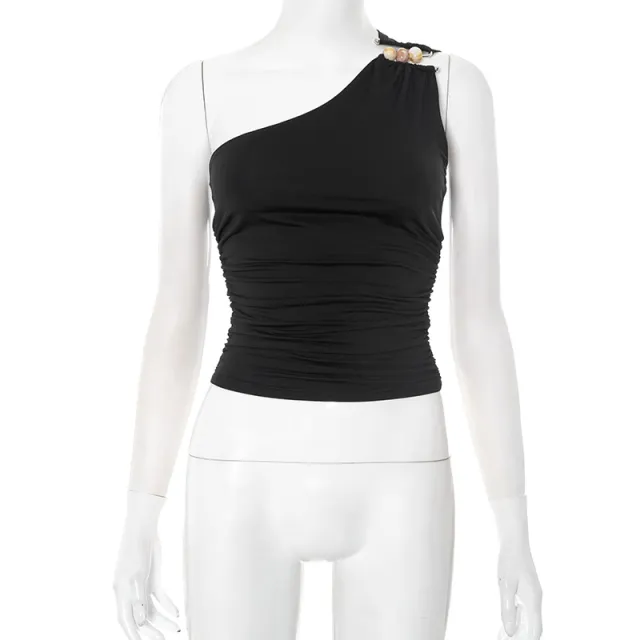 Women's One shoulder Cropped Tank Top Top Black - Shop at LoveMi