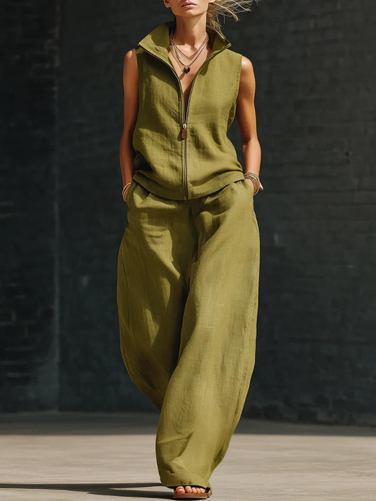 Sleeveless Stand Collar Linen Cotton Two-Piece Set | Relaxed Fit — view 7