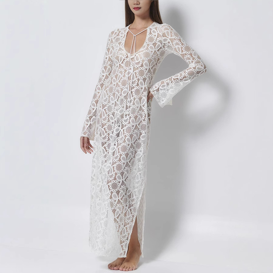 Long Sleeve See-through Lace-up Dress Loose