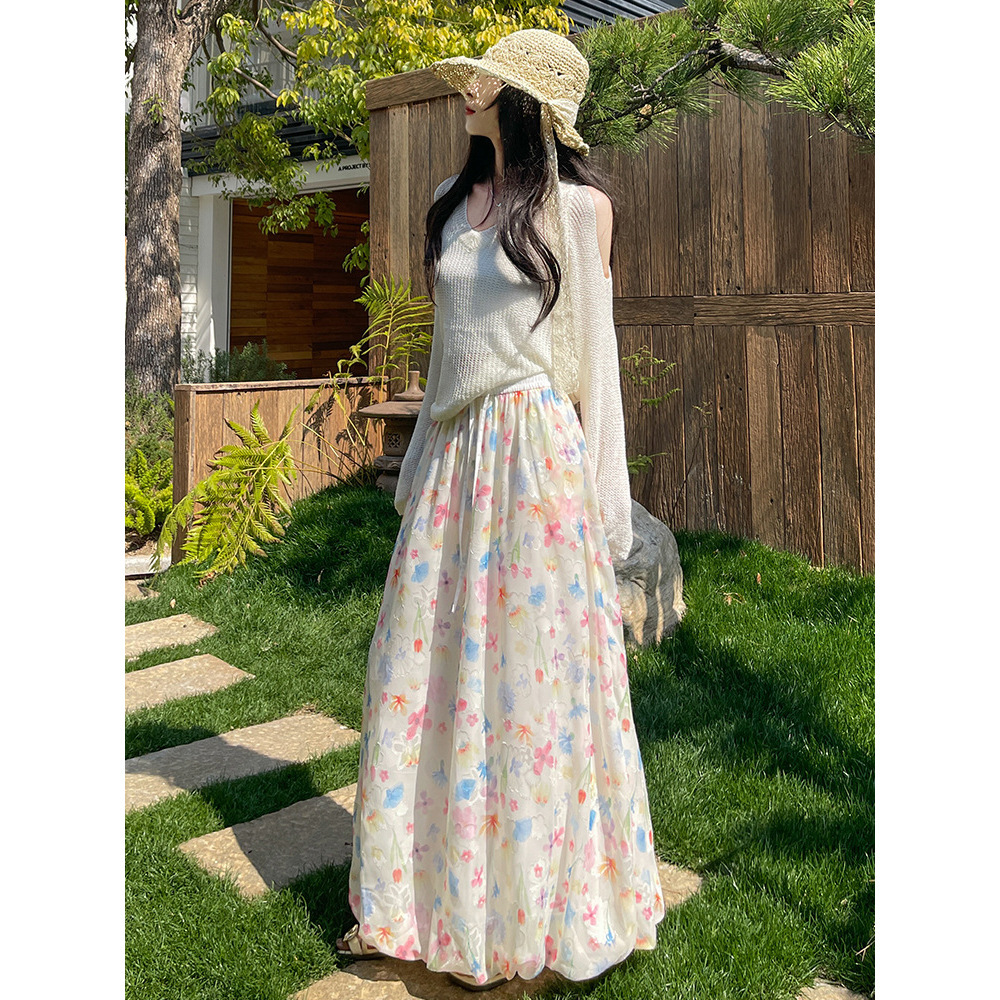 High-Waisted Cloud Print Midi Puffy Skirt – Contrast Color