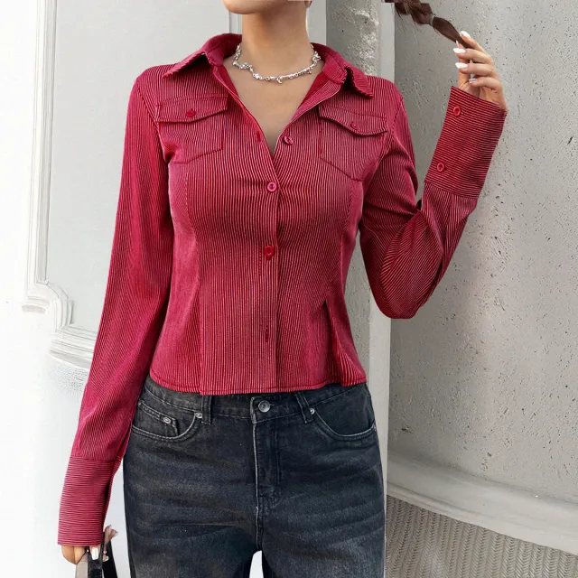 Y2g Style Striped Open Shirt Women's Clothing Red - Shop at LoveMi
