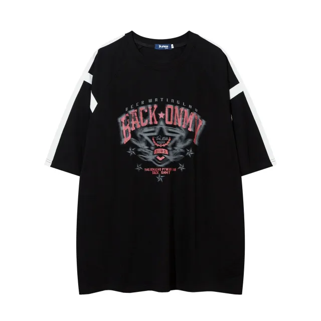 Letter Badge Printed Short sleeved T shirt Loose Half sleeve Top Black - Shop at LoveMi