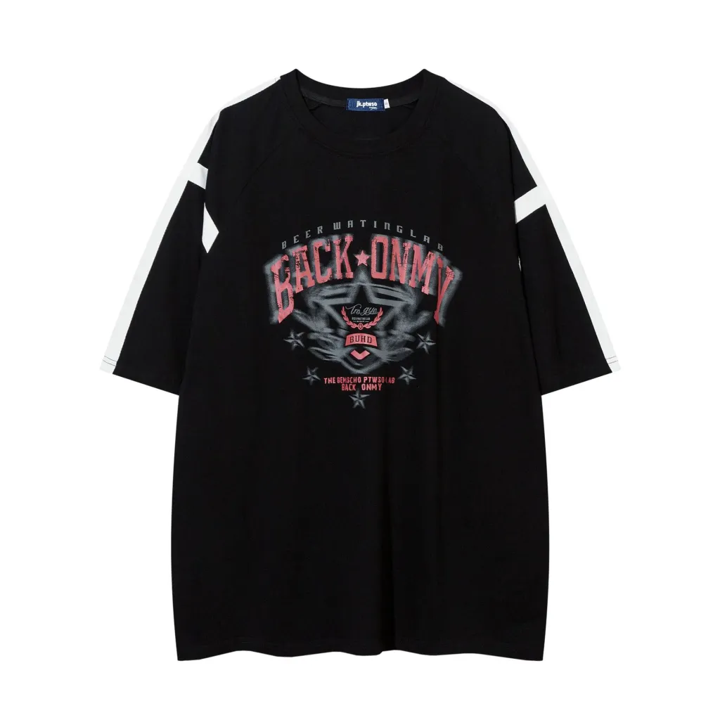 Letter Badge Printed Short-sleeved T-shirt Loose Half-sleeve Top - Black