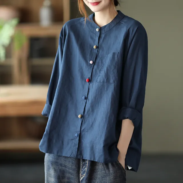 Retro Cotton And Linen Shirt Lady Literature Loose Lapel Long Sleeves Shirt Navy Blue - Shop at LoveMi
