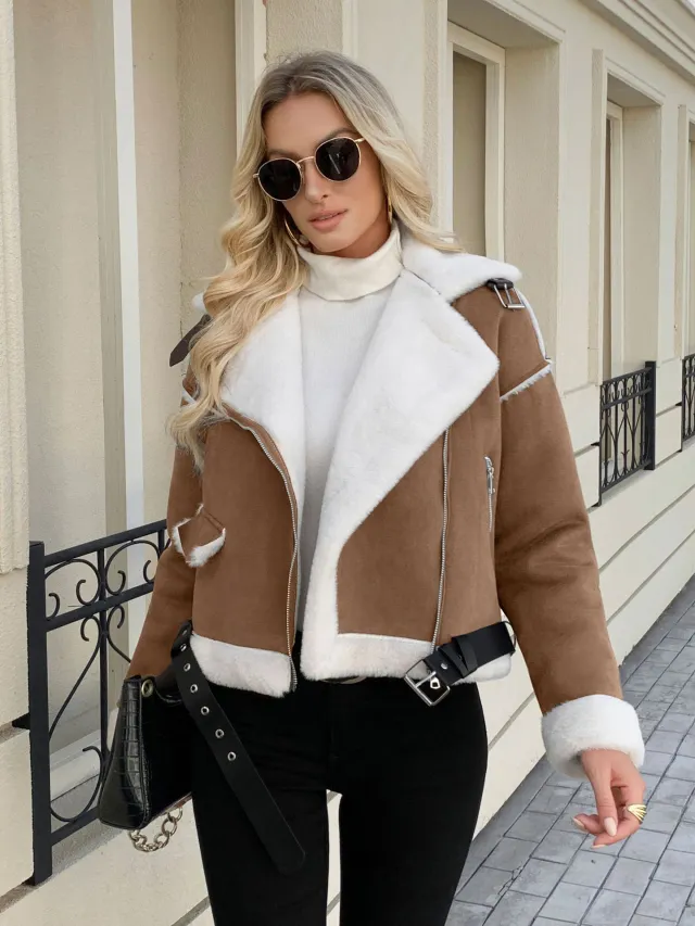 Women's Casual Fashion Polo Collar Plush Jacket Coat Brown - Shop at LoveMi
