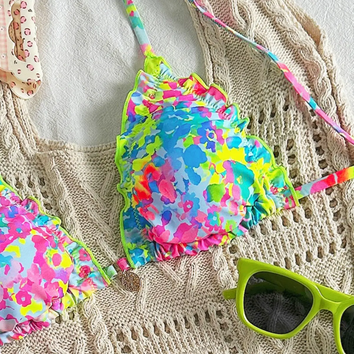Colorful Tree Fungus-like Lacework Halter Lace-up Style Bikini