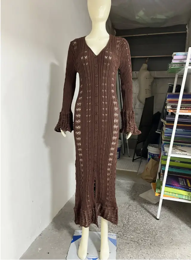 French Hollow Bell Sleeve Woolen Cardigan Coffee - Shop at LoveMi