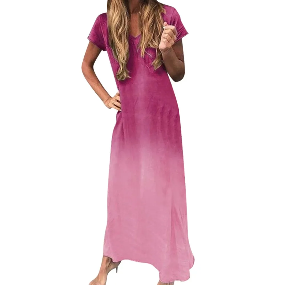 Women V-Neck Short Sleeve Tie-dye Gradient Print Maxi Color Block Bohemia Dress Summer Dresses Casual Beach Dress Long L11# (2)