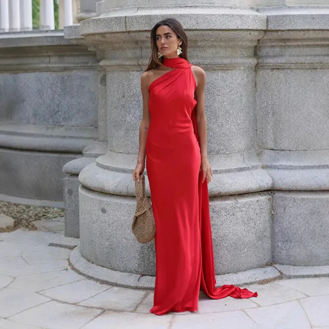 Summer Women's Elegant Lady Sleeveless Halter Backless Ribbon Dress For Women Red - Shop at LoveMi