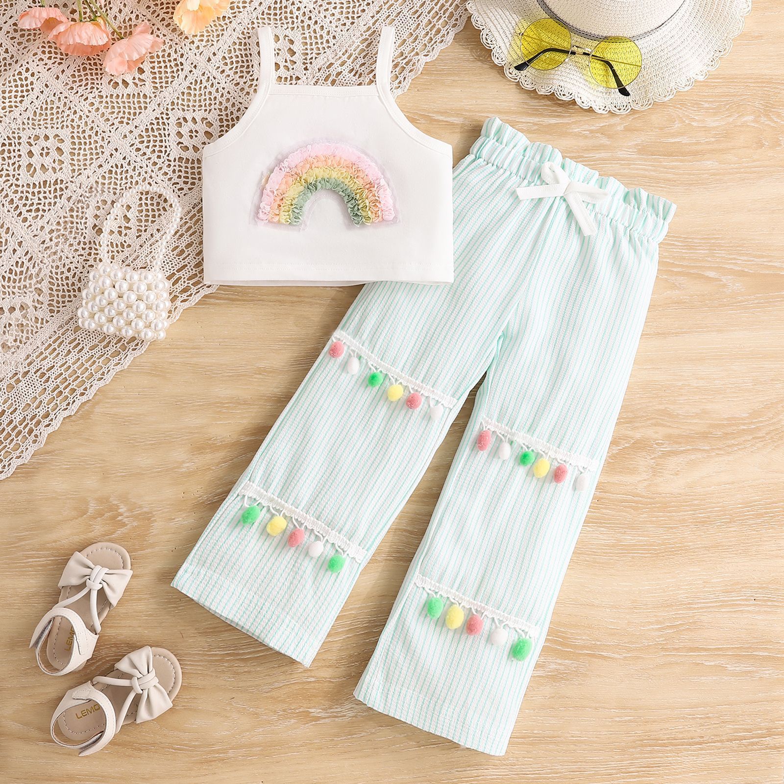 Summer New Arrival Sweet Rainbow-Embroidered Strap Top And Striped Wide-Leg Pants Set For Girls