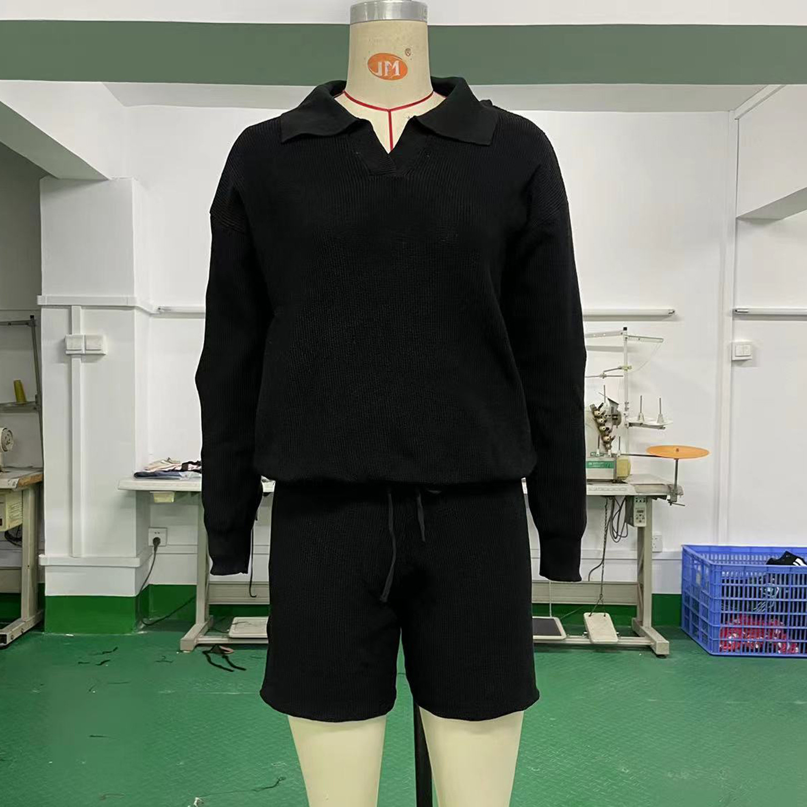 V-neck Long Sleeve Top Drawstring Wide Leg Shorts Casual Two-piece Sweater