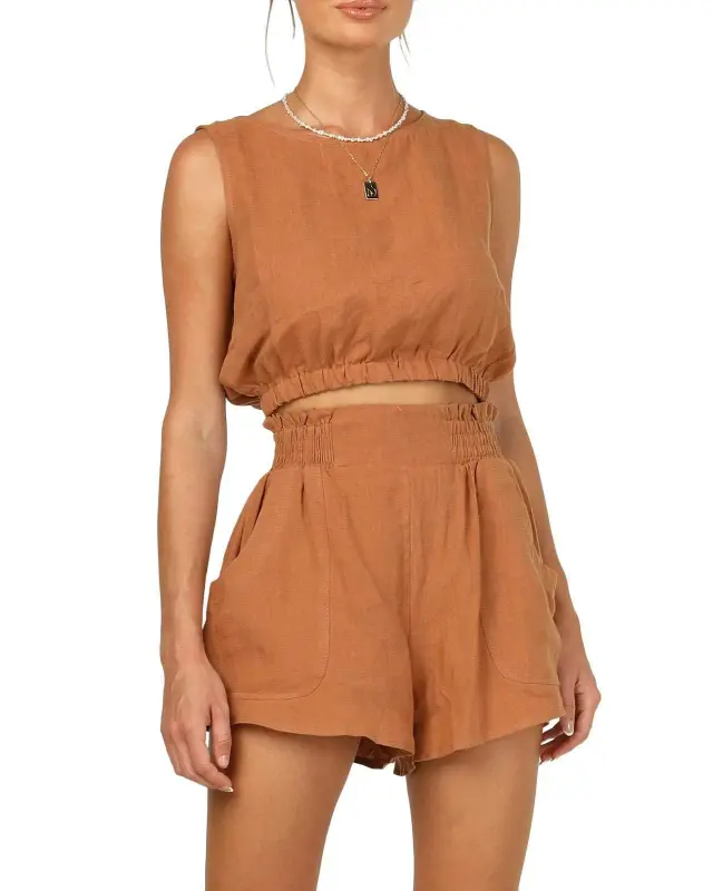 Women's Solid Color Sleeveless Short Top Shorts Suit Caramel M - Shop at LoveMi