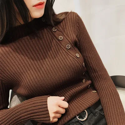 Autumn And Winter New Half Turtleneck Pullover Long Sleeve Slim Fit Sweater Brown - Shop at LoveMi