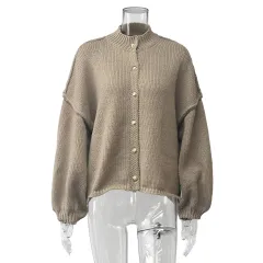 Crew Neck Casual Loose Thick Sweater Cardigan - Khaki - View 1