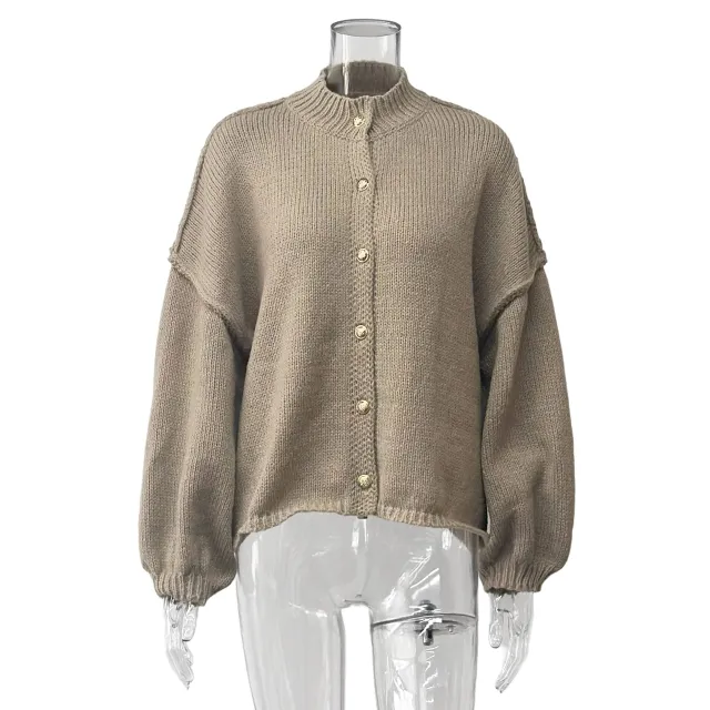 Crew Neck Casual Loose Thick Sweater Cardigan Khaki - Shop at LoveMi
