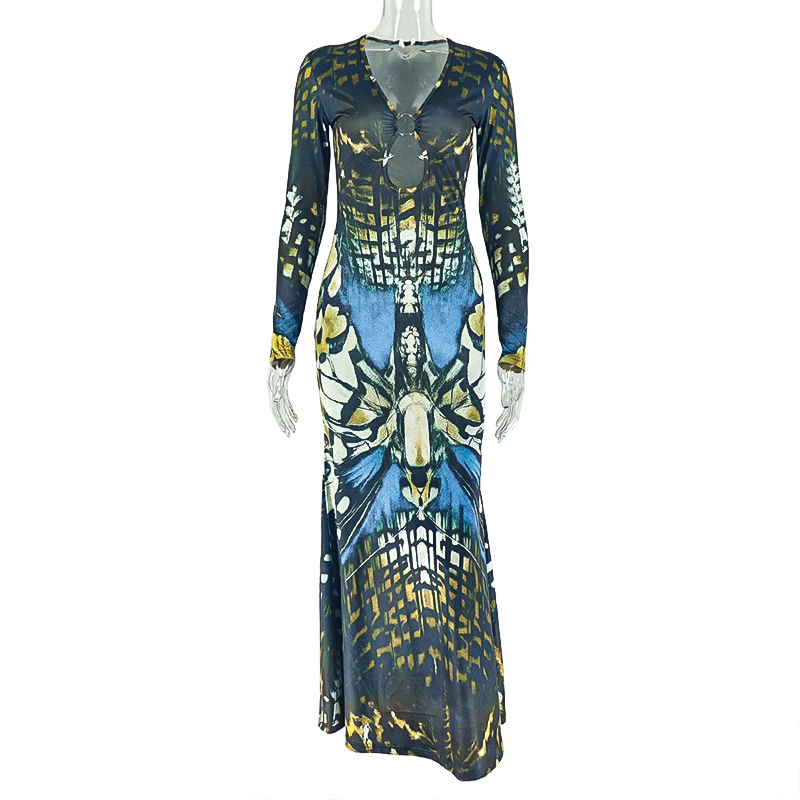 Metal Ring V neck Long Sleeve Dress Women Color S - Shop at LoveMi