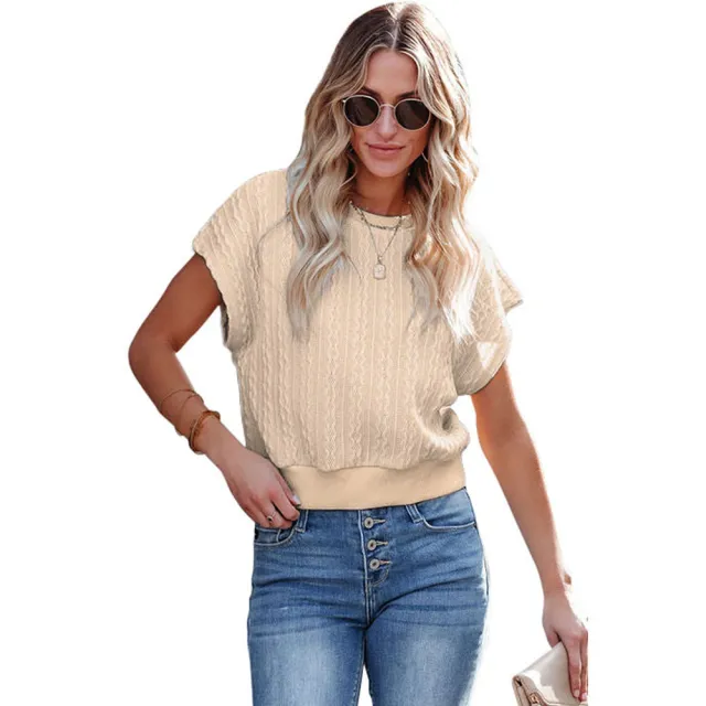 Knitted Texture Short sleeved Shirt European And American Solid Color Round Neck Slim Pullover Apricot - Shop at LoveMi