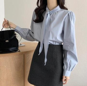 Spring New Gentle Lace-up Bow Tie Design Puff Sleeve Solid Color Shirt For Women