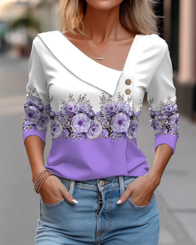 Diagonal Collar Color blocking Flower Printing Long t shirt St62064Y - Shop at LoveMi