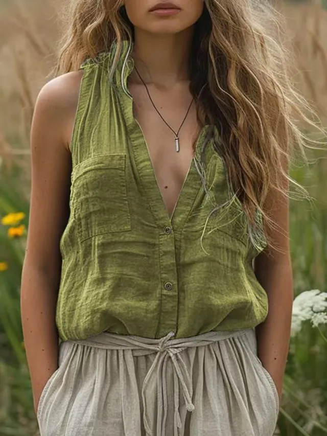 Women's Casual Loose Sleeveless Cotton Linen V neck Pocket Vest Shirt Yellow Green - Shop at LoveMi