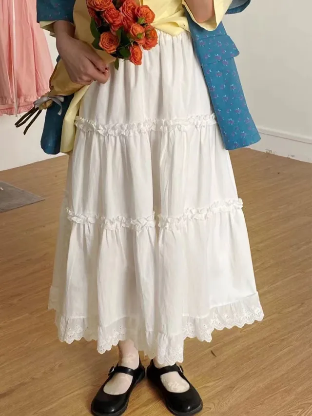 Spring White Lace Trim Tiered Skirt White - Shop at LoveMi