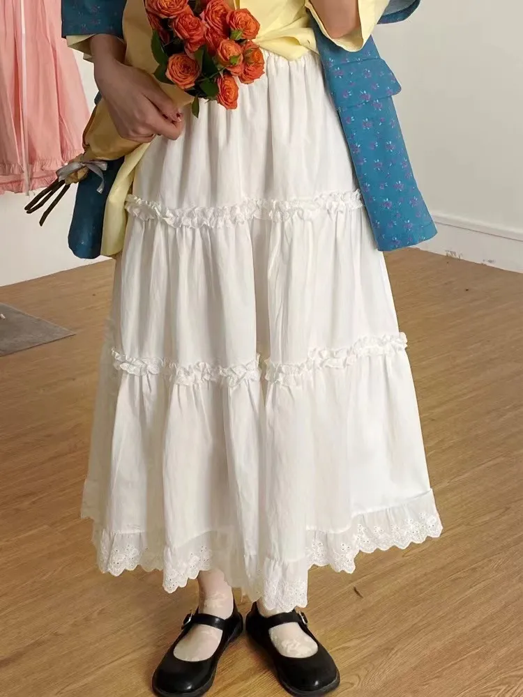 Spring White Lace Trim Tiered Skirt - White