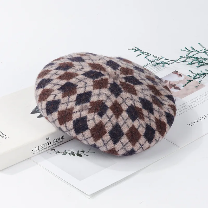 Autumn And Winter Wool Plaid Beret Retro Easy Matching Woolen - Blue Light Coffee Plaid