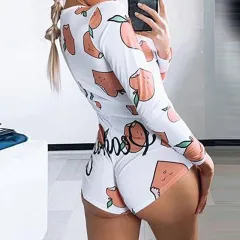 Printed Long-sleeved Pyjamas Deep V Nightclub Tight Sexy Jumpsuit - 013Style-Xl - View 1