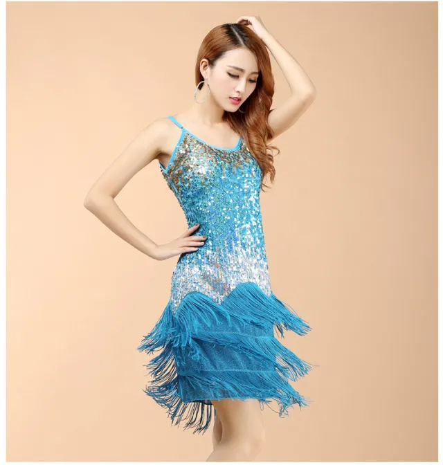 Sequined Suspender Latin Dance Tassel Dress Lake Blue - Shop at LoveMi