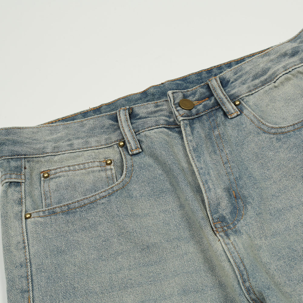 Pure Color Washed Worn Jeans Male