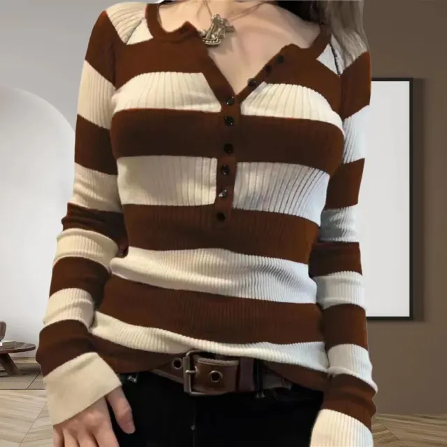 Commuter Contrast Color Striped Top Casual Versatile Loose Slimming Sweater Brown - Shop at LoveMi