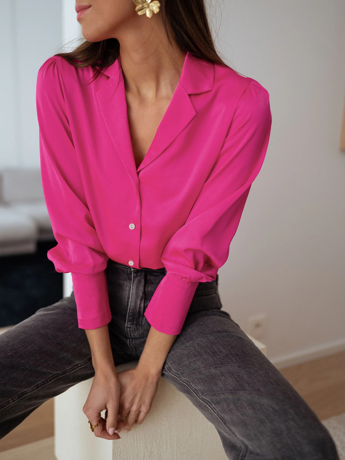 Women's Loose Temperament Solid Color Long-sleeved Top