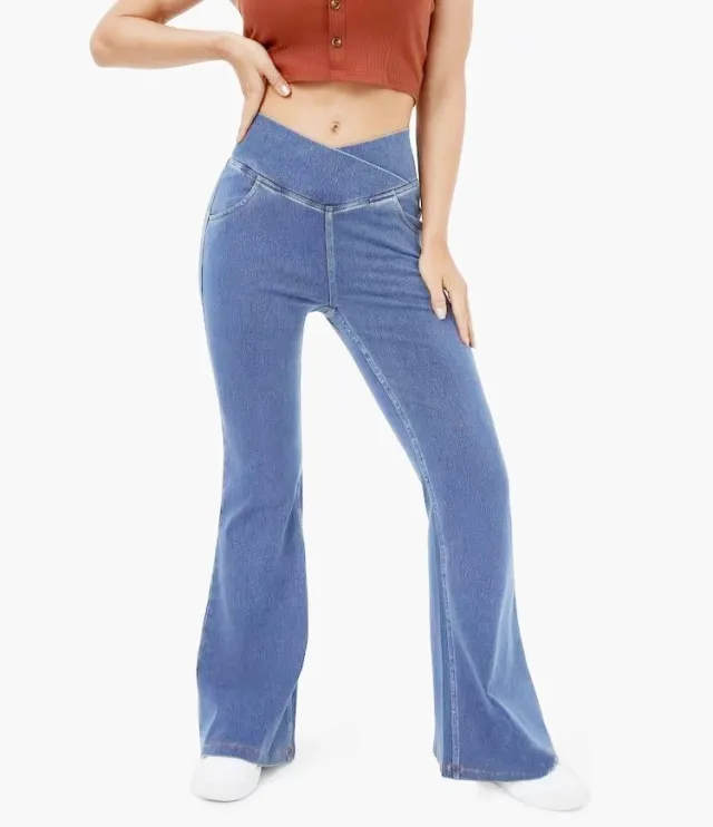 High Imitation Denim Bell bottom Pants Cross border Hip Lifting European And American Women Bell bottom Pants Lake Blue - Shop at LoveMi