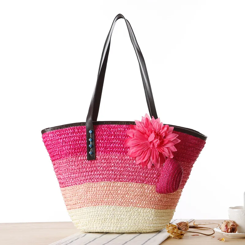 Korean Straw Plaited Son And Mother Beach Shoulder Bag - Rose