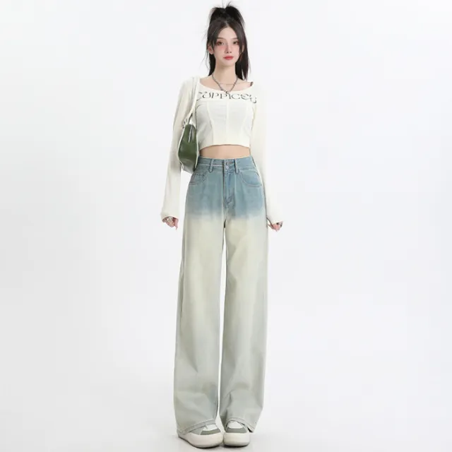 Gradient Design Straight leg Pants Wide Leg Women's Clothing Gradient Blue Trousers - Shop at LoveMi