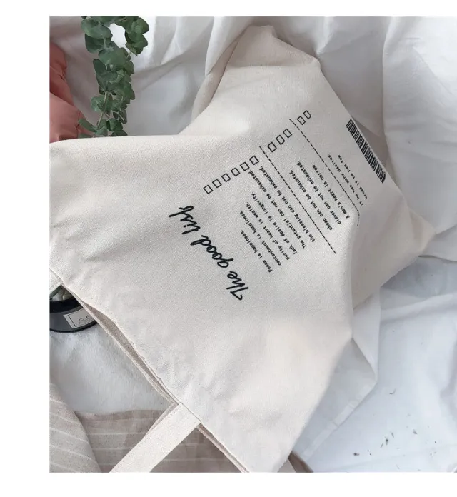 Simple Retro Casual Canvas Bag Korean Style Large Capacity English Shoulder Bag Shopping Bag Beige - Shop at LoveMi