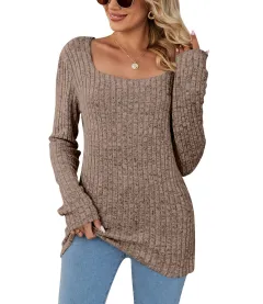 Square Collar Sunken Stripe Brushed Casual Long Sleeve Women - Khaki - View 1