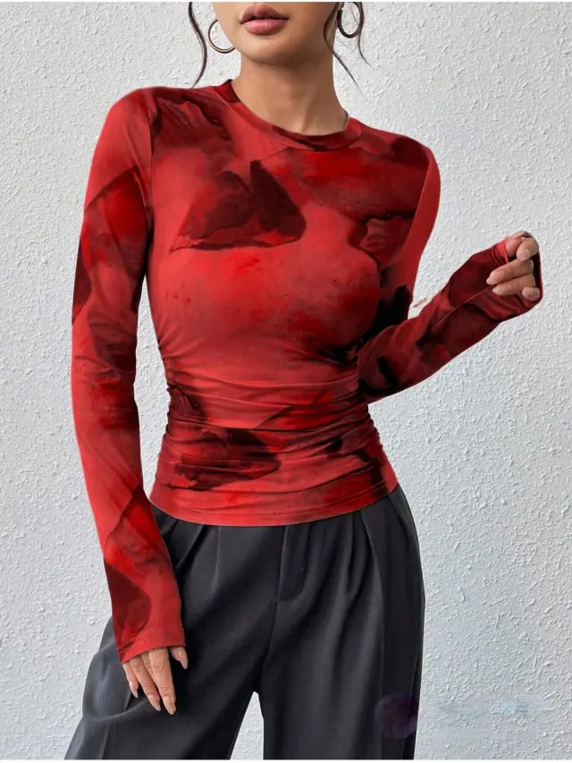 Ink wash Retro Print Women's Slim fit Versatile Stylish Top Red - Shop at LoveMi
