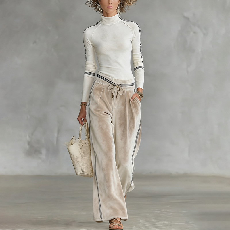 Stylish Casual Sporty Turtleneck Zip-up Wide-leg Pants Set